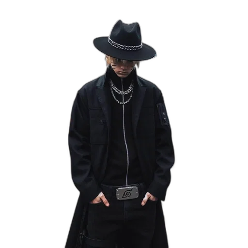 jacket, hat, staff, cyberpunk transparent PNG cut-out