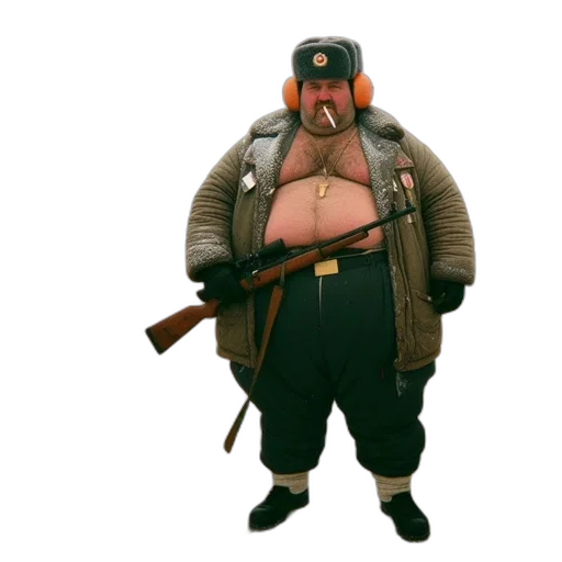 weapon, staff, jacket, hat transparent PNG cut-out