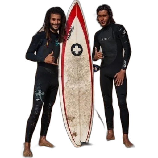 two, surfers, wetsuits, pose transparent PNG cut-out
