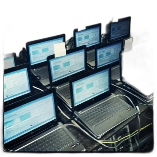 staff, row, laptops, sticky transparent PNG cut-out