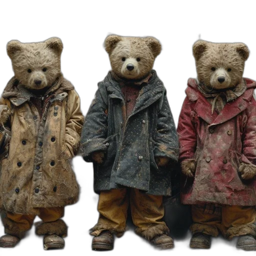three, ragged, teddy, bears transparent PNG cut-out