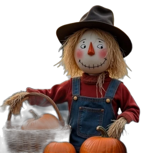 3d render, scarecrow, pumpkins, basket transparent PNG cut-out