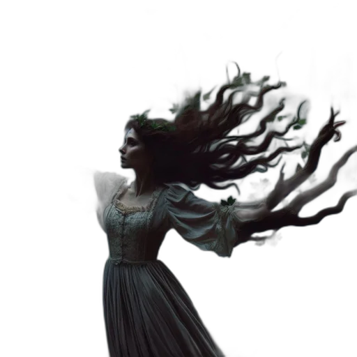 dress, hair, creature, staff transparent PNG cut-out