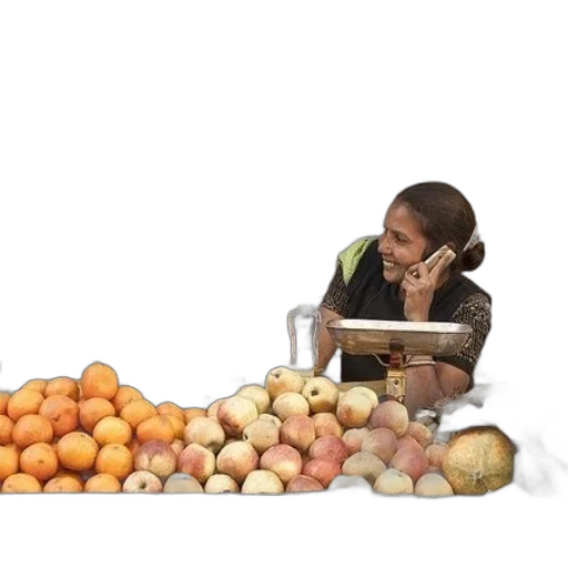 food, woman, sits, behind transparent PNG cut-out