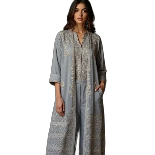 dress, blue, grey, embroidered transparent PNG cut-out