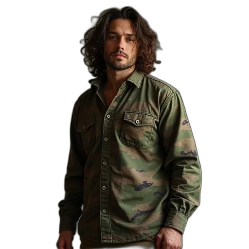jacket, staff, photorealistic, earth tones transparent PNG cut-out