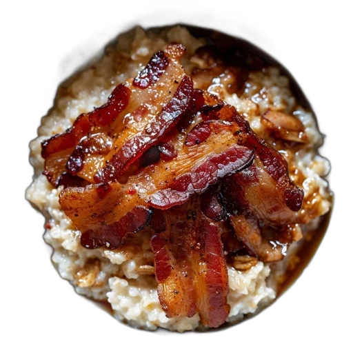 food, bowl, golden-brown, bacon-topped transparent PNG cut-out