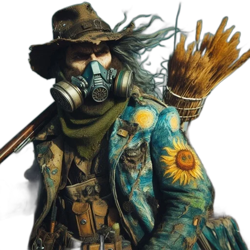 mask, jacket, staff, weapon transparent PNG cut-out
