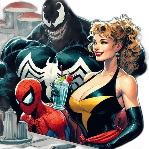 comic book art, concept art, three, characters transparent PNG cut-out