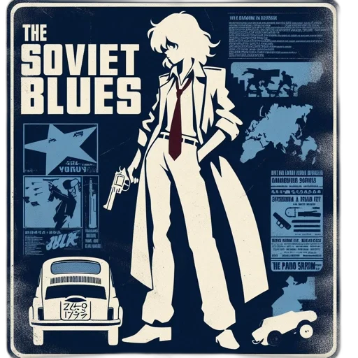 blue, vintage-style, poster, features transparent PNG cut-out