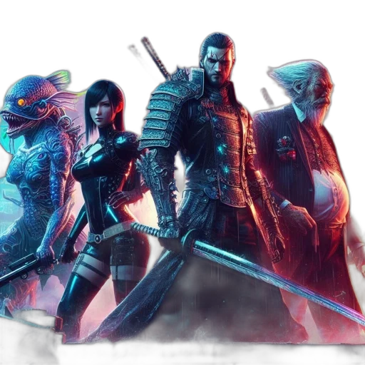 concept art, fantasy art, cyberpunk, four transparent PNG cut-out