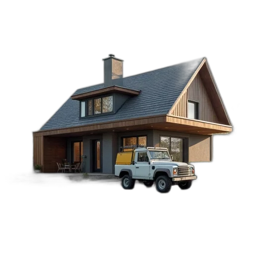 car, building, 3d render, photorealistic transparent PNG cut-out