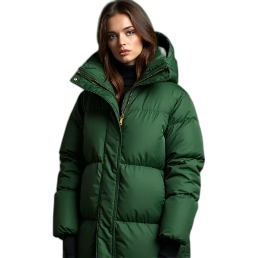 jacket, green, woman, puffer transparent PNG cut-out