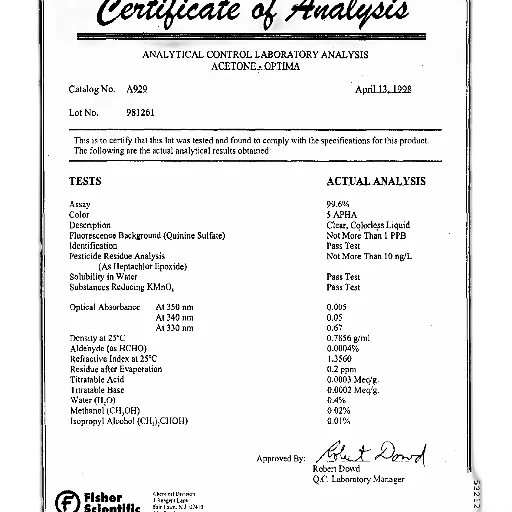 certificate, analysis, acetone, fisher transparent PNG cut-out