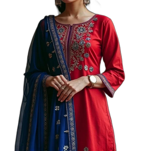 dress, jewelry, red, blue transparent PNG cut-out