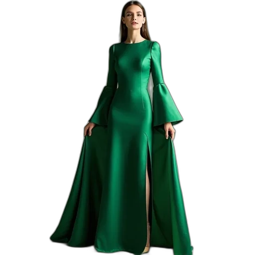 dress, green, flared, shoulders transparent PNG cut-out