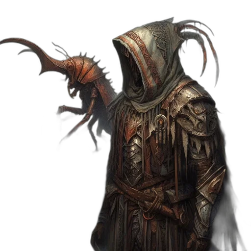 mask, jacket, creature, staff transparent PNG cut-out