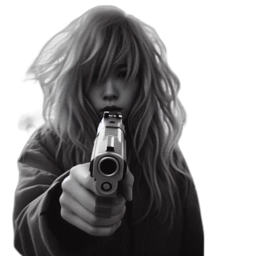 weapon, jacket, hair, face transparent PNG cut-out