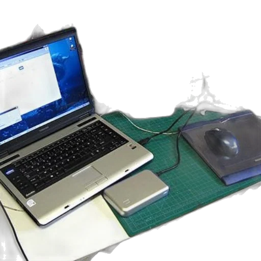 cluttered, desk, laptop, mouse transparent PNG cut-out