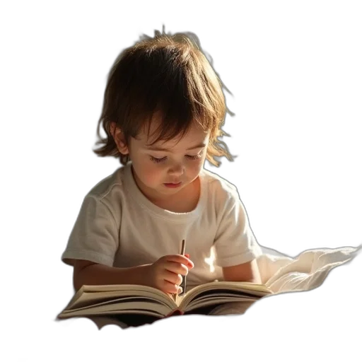 photorealistic, child, reading, sitting transparent PNG cut-out