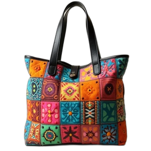 patchwork, colorful, tiles, tote transparent PNG cut-out