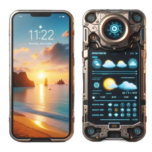concept art, cyberpunk, two, smartphones transparent PNG cut-out