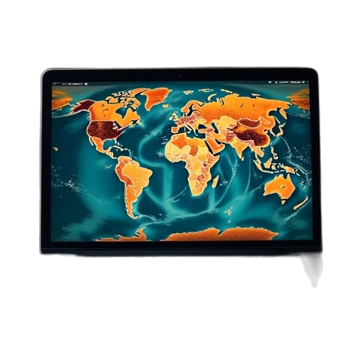 world, map, laptop, speakers transparent PNG cut-out