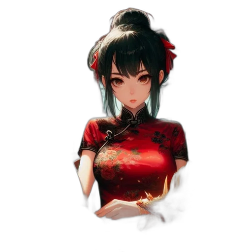 dress, dragon, flower, staff transparent PNG cut-out