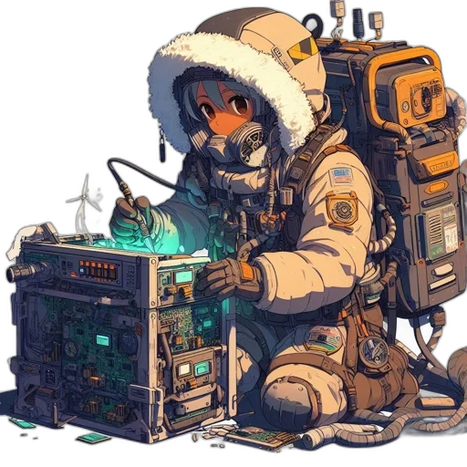 robot, jacket, creature, staff transparent PNG cut-out