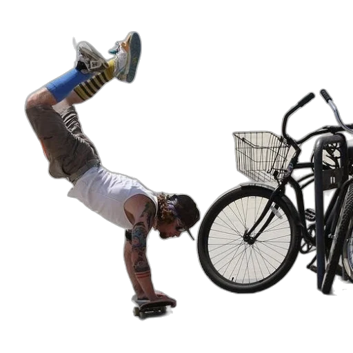 man, performs, handstand, skateboard transparent PNG cut-out
