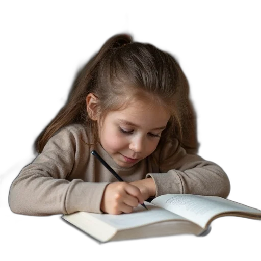 photorealistic, young, girl, writing transparent PNG cut-out