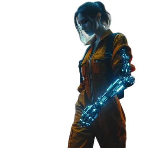 robot, jacket, staff, cyberpunk transparent PNG cut-out