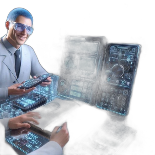 futuristic, lab, scientist, sits transparent PNG cut-out