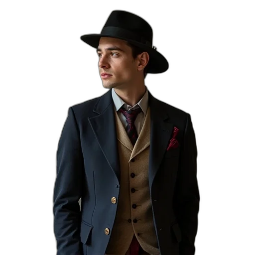 hat, jacket, staff, photorealistic transparent PNG cut-out