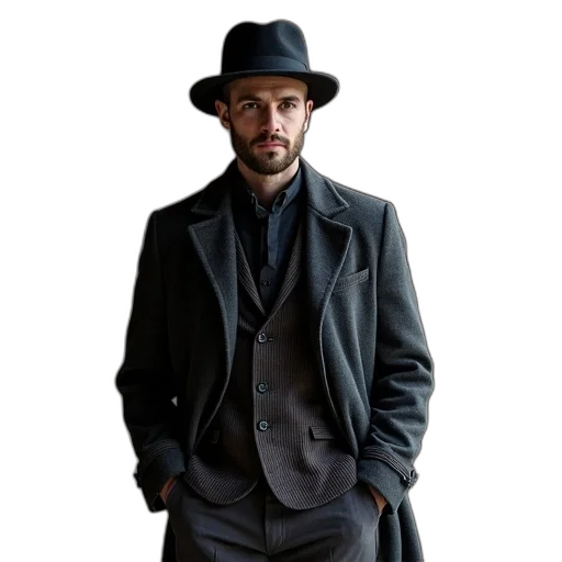 hat, jacket, staff, photorealistic transparent PNG cut-out
