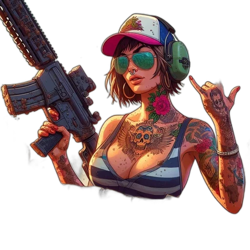 weapon, jacket, face, jewelry transparent PNG cut-out