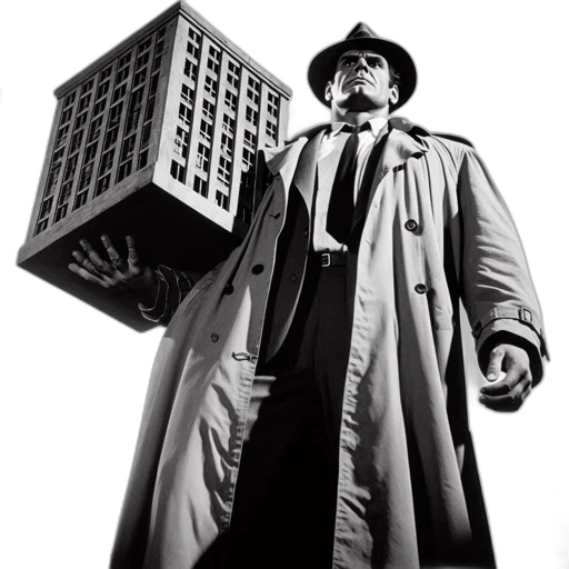 robot, jacket, building, hat transparent PNG cut-out