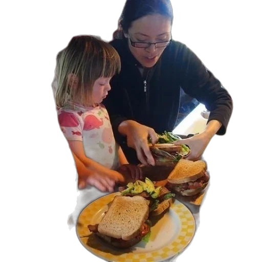 food, woman, two, children transparent PNG cut-out