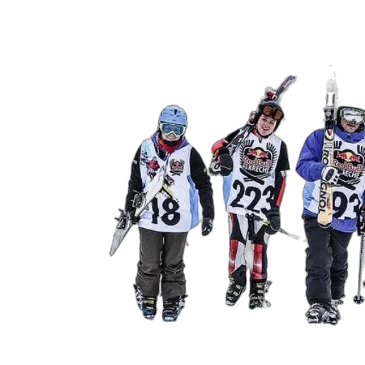 four, skiers, wearing, numbered transparent PNG cut-out
