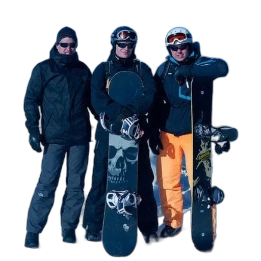 jacket, three, snowboarders, pose transparent PNG cut-out