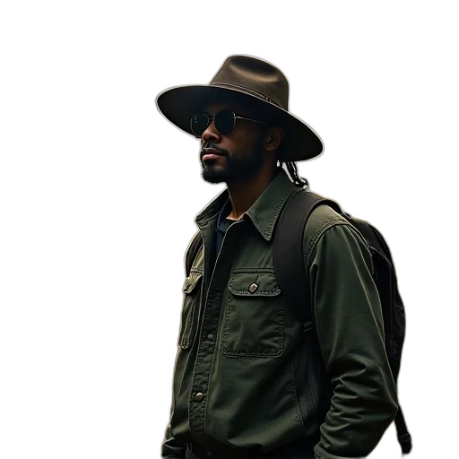 jacket, hat, staff, photorealistic transparent PNG cut-out