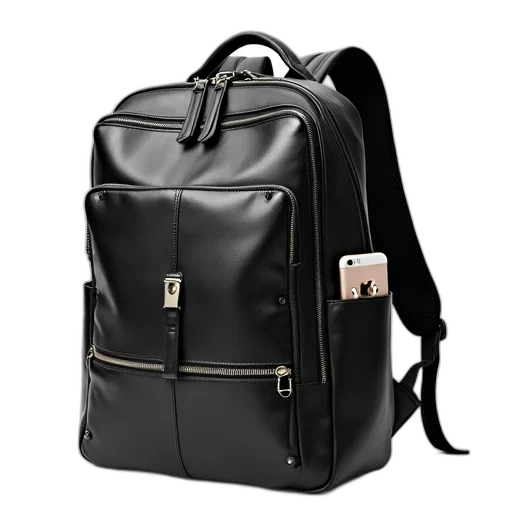 black, leather, backpack, silver transparent PNG cut-out