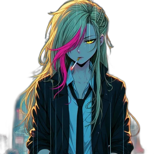 jacket, hair, staff, cyberpunk transparent PNG cut-out
