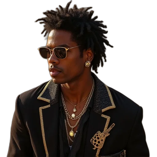 jacket, staff, jewelry, hair transparent PNG cut-out