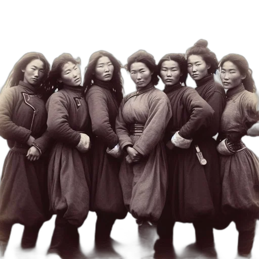 staff, seven, traditionally-dressed, women transparent PNG cut-out