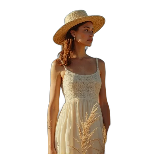 dress, hat, earth tones, golden transparent PNG cut-out