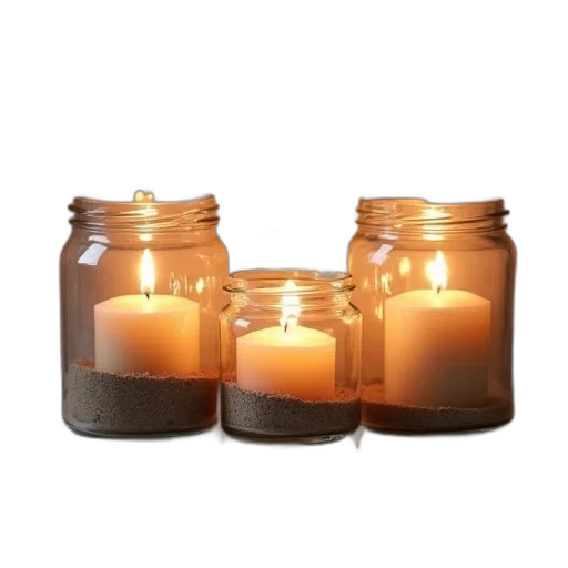 three, glass, jars, lit transparent PNG cut-out