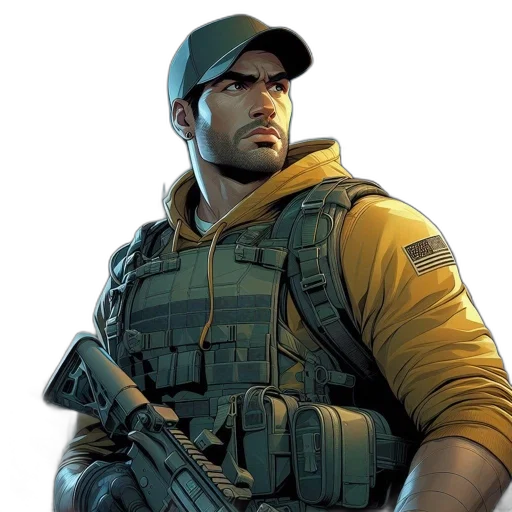 weapon, jacket, face, concept art transparent PNG cut-out