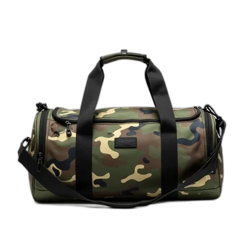 camouflage-patterned, duffel, bag, black transparent PNG cut-out