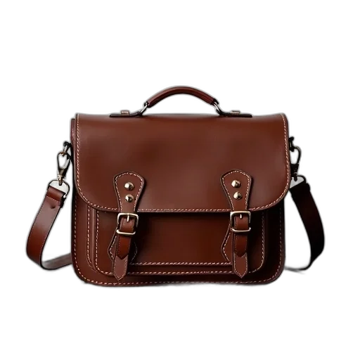 brown, leather, satchel, silver transparent PNG cut-out